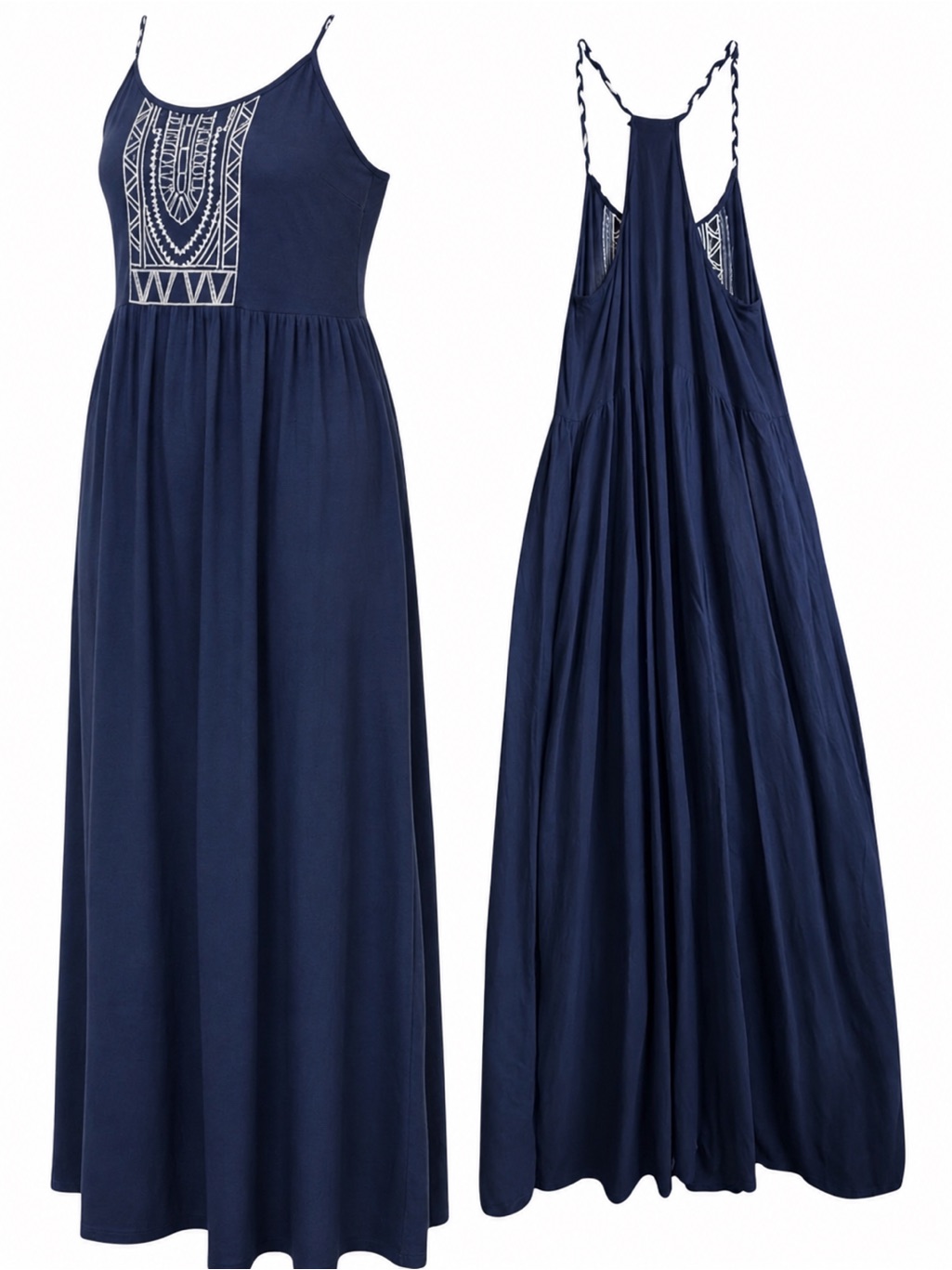 Pull & Bear Navy Embroidered Boho Maxi Dress Racerback Small